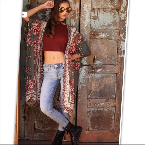 Boho Floral Print Kimono Duster with Border - Picture 2 of 6